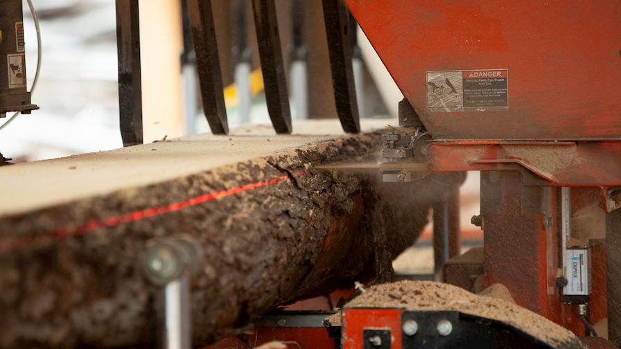 Wood-Mizer LT70 Wide sawmill cutting with laser and material dragback 